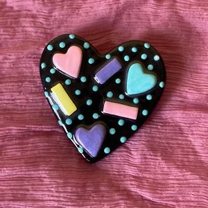 Ceramic heart brooch handmade raised design of hearts and polka dots Osborn